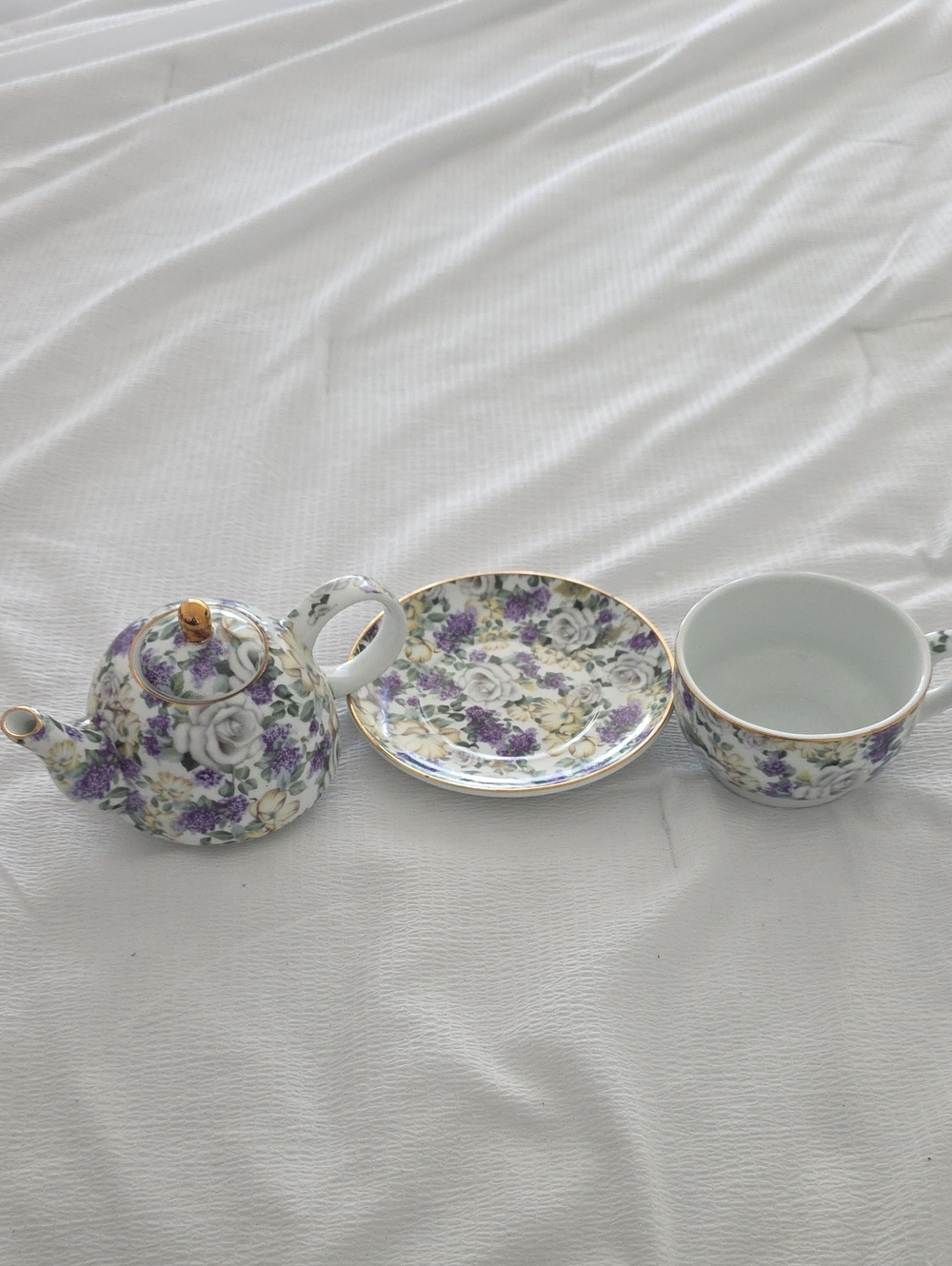 Floral Teacup, Saucer & Teapot Set in Purple and Gold Trim